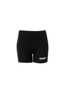 Black athletic shorts made of stretchy fabric, featuring a fitted design and a white "Kempa" logo on the left side.
