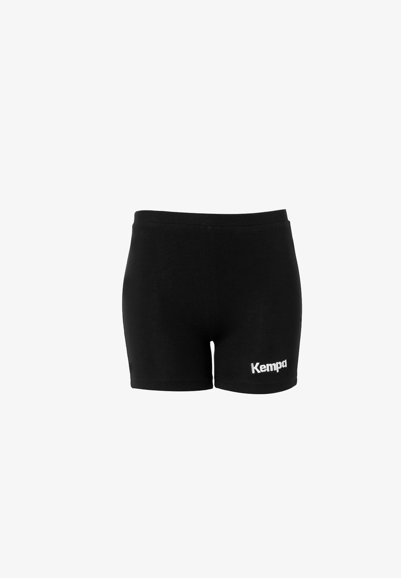 Black athletic shorts made of stretchy fabric, featuring a fitted design and a white "Kempa" logo on the left side.