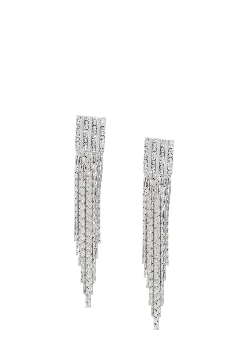 Orecchini d'argento con punte rettangolari decorati da file di piccoli cristalli e numerosi pendenti in catena d'argento di lunghezze variabili.