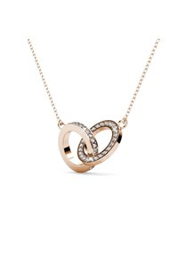 Collier en or rose comportant des pendentifs circulaires entrelacés. Un pendentif est lisse, tandis que l'autre est orné de cristaux transparents.