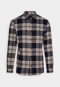 Wełniana koszula w kratę w kolorach granatowym, szarym i kremowym, z kołnierzykiem na guziki, długimi rękawami i brązowymi guzikami.