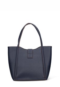 Donkerblauwe grote tas van getextureerd leer. Voorzien van twee stevige handvaten en een magnetische sluiting. Lichtbruine stiksels accentueren de randen.