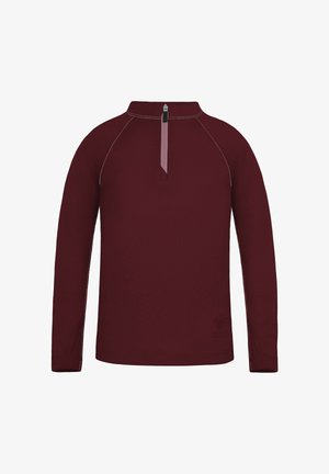 Bordeauxrotes Langarmshirt mit hohem Kragen und Halbreißverschluss. Mit kontrastierenden Nähten und einem dezenten Logo am Saum. Weiche Textur.