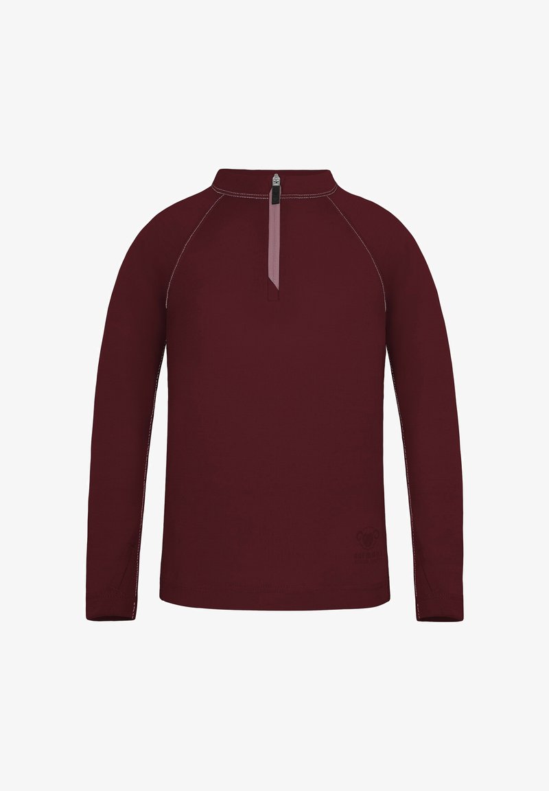 Bordeauxrotes Langarmshirt mit hohem Kragen und Halbreißverschluss. Mit kontrastierenden Nähten und einem dezenten Logo am Saum. Weiche Textur.