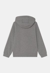 Sudadera gris con capucha, mangas largas y puños acanalados. Fabricada con un tejido suave y con un diseño simple y sin adornos.