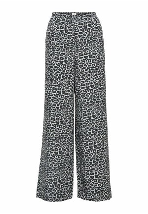Wide-leg trousers in lightweight fabric featuring a leopard print in black and gray, with a smooth texture and an elastic waistband.