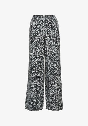 Široke hlače iz lahkega blaga z leopardskim potiskom v črni in sivi barvi, z gladko teksturo in elastičnim pasom.