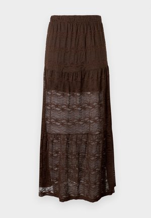 Brun blonde maxi nederdel med lagdelt design, der har et smocked taljebånd og bølgede mønstre i stoffet. Letvægts og semi-gennemsigtig.