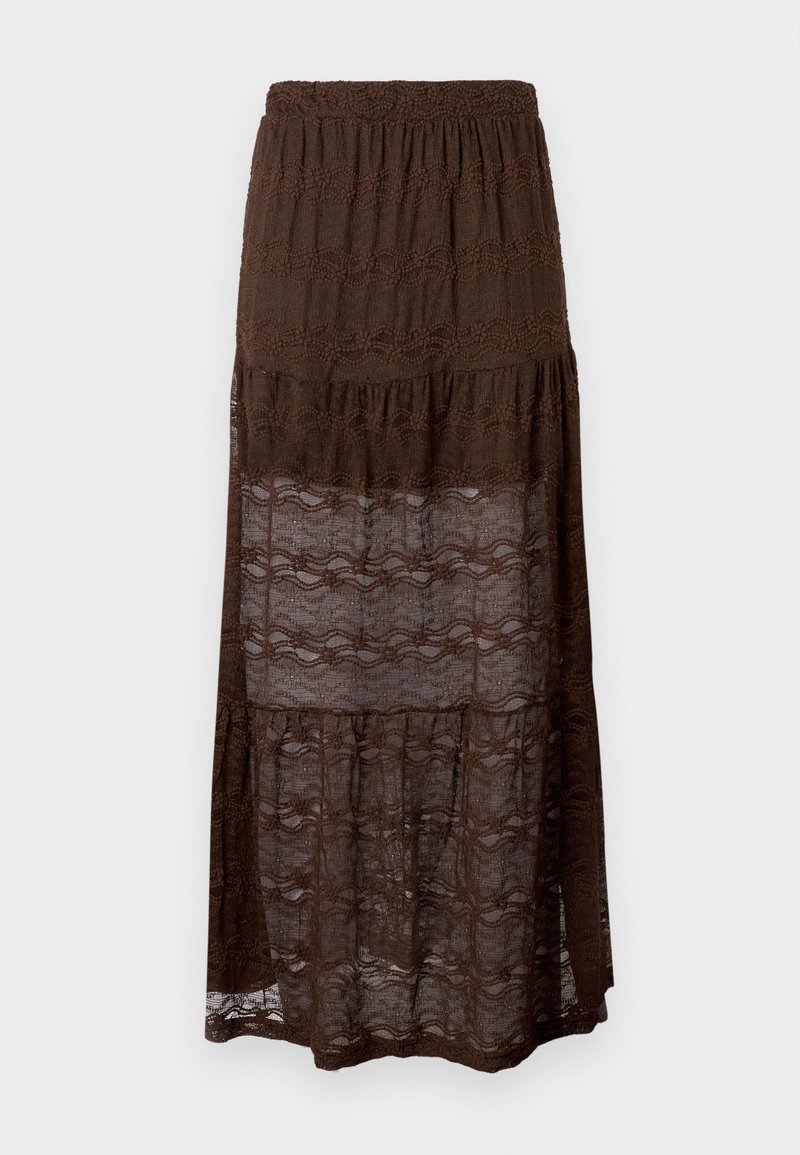 Brauner Spitzen-Maxi-Rock mit einem gestuften Design, featuring einen gerafften Bund und wellenförmige Muster im gesamten Stoff. Leicht und halbtransparent.