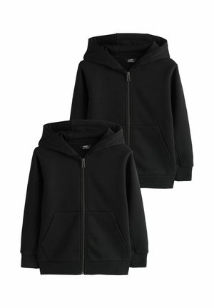 Black zip-up hoodies made of soft fabric with a front pocket, featuring a classic design and ribbed cuffs, suitable for various sizes.