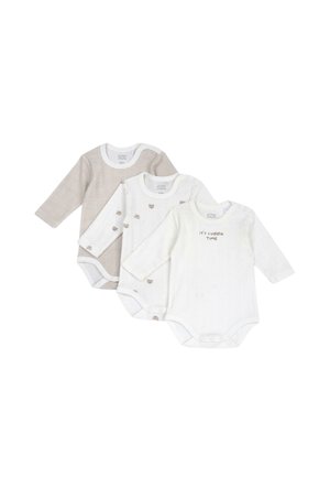 Tre body per neonati a manica lunga in tonalità bianche e beige, uno con la scritta "it's cuddle TIME", gli altri con piccole stampe e righe, sovrapposti.