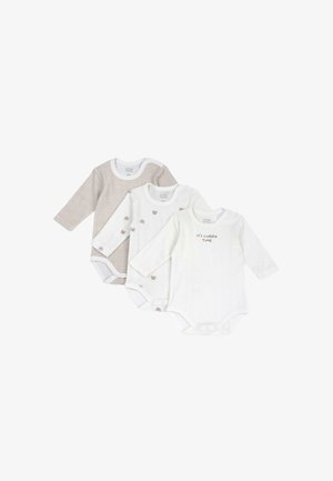 Trois bodies bébé à manches longues dans des tons blancs et beiges, un avec le texte « it's cuddle TIME », les autres avec de petits imprimés et rayures, superposés.
