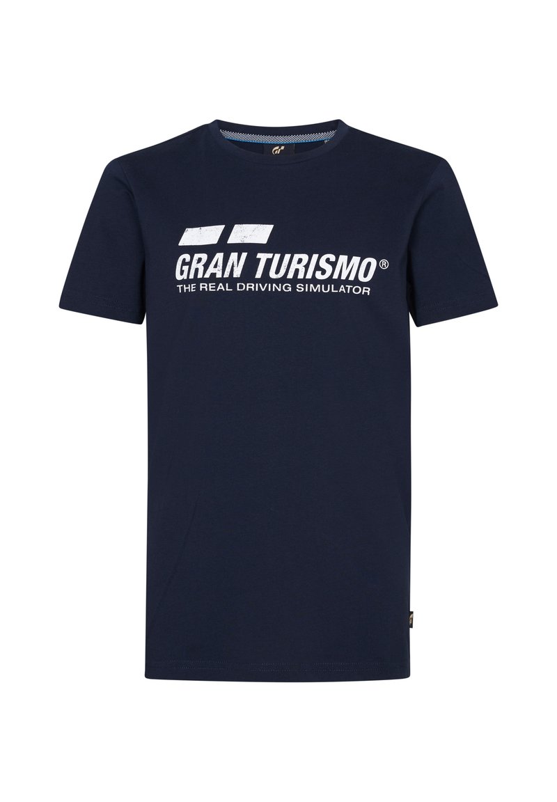 Námořnická modrá bavlněná tričko s krátkým rukávem, s bílým textem: "GRAN TURISMO" a "SKUTEČNÝ SIMULÁTOR ŘÍZENÍ." Jednoduchý design.