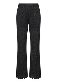 Zwarte kanten broek met een uitlopende onderkant, voorzien van een bloemenpatroon en gegolfde randen. Elastische tailleband voor comfort.
