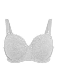 Harmaa rintaliivit, joissa on tuki, pehmeä kangas, sahalaitaiset reunat ja brodeeratut yksityiskohdat vyötärön ympäri. Säädettävät olkaimet mukautumiseen.