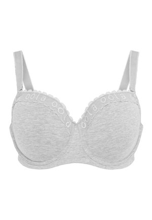 Grå bh med bøjle, blødt stof, bølger i kanten og broderede detaljer langs båndet. Justerbare stropper for bedre pasform.