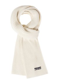 Ribbed cream scarf made of soft fabric with a smooth texture. Features a logo tag near the end, showcasing simple design and color.