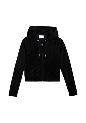 Schwarzer, kurzer Hoodie aus weichem, plüschigem Material. Mit einer Kordelzugkapuze, einem Reißverschluss vorne und zwei Fronttaschen ausgestattet.