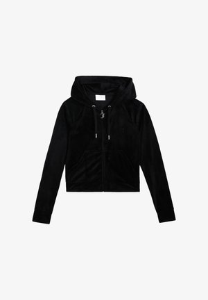 Zwarte cropped hoodie van zachte, pluizige stof. Heeft een capuchon met trekkoord, een rits aan de voorkant en twee voorkruiszakken.