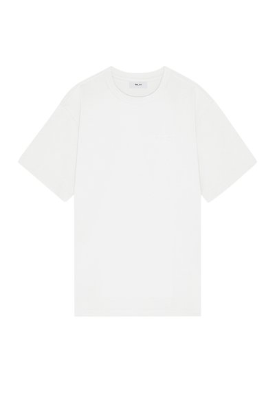 Weißes Kurzarm-T-Shirt aus Baumwolle mit Rundhalsausschnitt und dezentem Logo auf der Brust, mit glatter Textur.