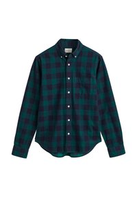 Groene en marineblauwe geruite overhemdd met lange mouwen, een button-down kraag, een enkel zakje en een gebogen zoom, gemaakt van zachte stof.