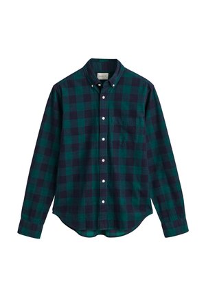 Camisa de manga larga a cuadros verde y azul marino con collar abotonado, bolsillo único y dobladillo curvado, elaborada con una tela suave.