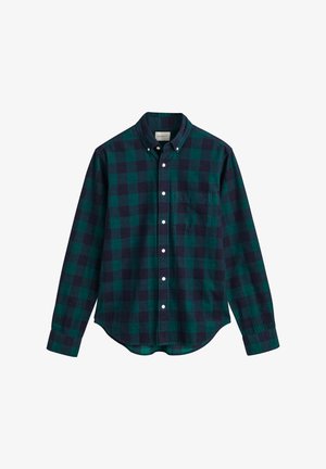 Camisa de manga larga a cuadros verde y azul marino con collar abotonado, bolsillo único y dobladillo curvado, elaborada con una tela suave.