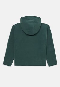 Haut à capuche en polaire vert forêt avec une texture douce ; il possède une capuche arrondie et des manches longues, descendant jusqu'à la taille sans détails de fermeture visibles.