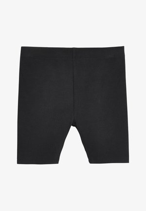 Fekete, elasztikus anyagú rövidnadrág sima textúrával, combközép hosszúságban és elasztikus derékkal. Egyszerű dizájn, nincs minta vagy látható fémrész.