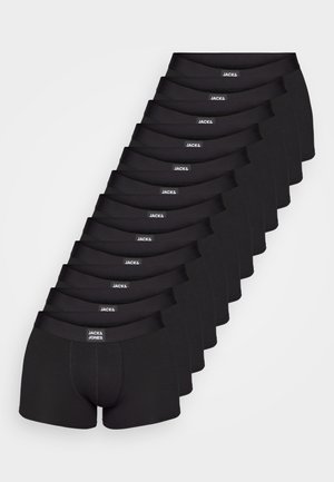 Zwarte boxer shorts in een rij gerangschikt, met een brede elastische tailleband waarop het logo "JACK & JONES" prominent is weergegeven.
