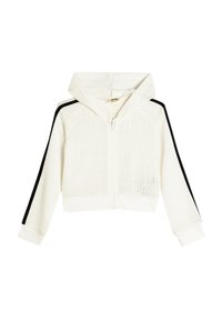 Haut à capuche blanc court avec un design en tricot texturé, doté d'une fermeture éclair sur le devant et de bandes latérales noires. Comprend un cordon de serrage pour la capuche et des poignets côtelés.