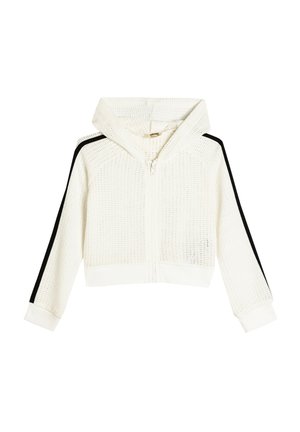 Weißer, verkürzter Hoodie mit strukturiertem Strickdesign, ausgestattet mit einem Frontreißverschluss und schwarzen Seitenstreifen. Mit Kordelzugkapuze und gerippten Bündchen.