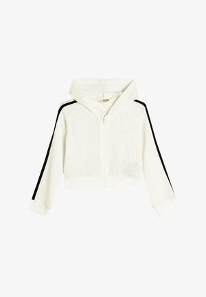 Biała, skrócona bluza z kapturem o teksturowanym wzorze dzianiny, z suwakiem z przodu i czarnymi paskami po bokach. Posiada kaptur ze sznurkiem i ściągacze przy mankietach.