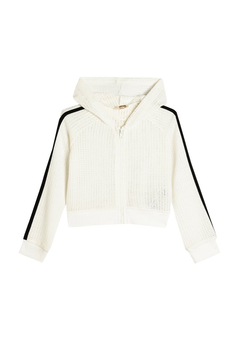 Haut à capuche blanc court avec un design en tricot texturé, doté d'une fermeture éclair sur le devant et de bandes latérales noires. Comprend un cordon de serrage pour la capuche et des poignets côtelés.