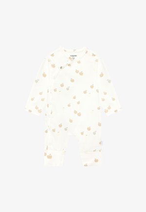 Body bianco a maniche lunghe per neonati con stampa completa di mele beige e grigio chiaro e chiusura laterale con bottoni a pressione.