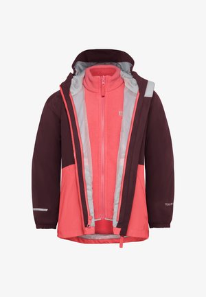 Zweifachjacke mit einer bordeauxfarbenen Außenschale und einer pinken Fleece-Innenlage. Reflektierende Akzente an den Ärmeln und Reißverschlüssen.