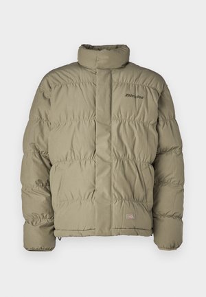 Puffer jacket in olive green, featuring a high collar, zip front, and elastic cuffs. The design includes horizontal quilted sections and logo detail.
