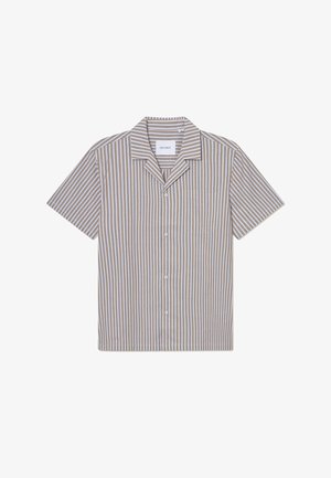 Kortærmet skjorte med krave har tynde lodrette striber i beige og hvid, en brystlomme og knapper foran. Blød stofstruktur.