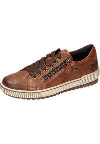 Baskets en cuir marron avec des lacets chocolat et une fermeture à glissière sur le côté. Présente un dessus texturé, un bout rond et une semelle extérieure blanche striée.