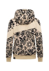 Veste à capuche beige et noire à motif floral avec poignets et ourlet côtelés, vue de dos.