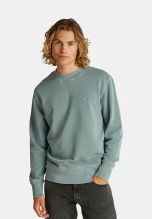 Sudadera azul claro con cuello redondo y puños acanalados. Tejido suave, corte relajado, con un pequeño logo en la parte delantera. Llevada con jeans oscuros.