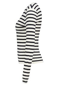 Ribbed knit sweater with long sleeves, featuring horizontal navy and white stripes, a fitted shape, and a round neckline.