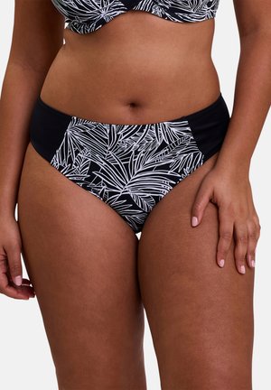 Bas de bikini noir avec un motif de feuille de palmier blanche sur le devant, et un panneau noir uni à l'arrière ; texture de tissu lisse.