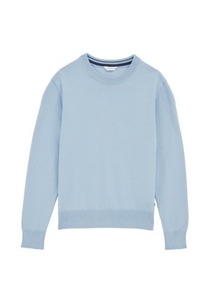 Pull bleu clair à manches longues et col rond avec poignets, ourlet et encolure côtelés, présenté sur fond blanc.