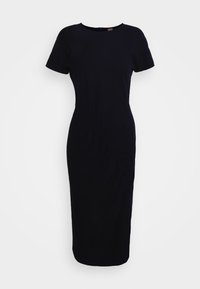 Svart knälång klänning med korta ärmar, med rund halsringning och gathered sidodetalj för form. Slät tygstruktur.