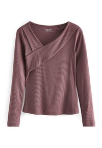 Pitkähihaiset paita ribbed mauve-kankaasta, jossa V-kaula-aukko ja edessä roikkuva muotoilu. Tunnuksessa lukee "NEXT."