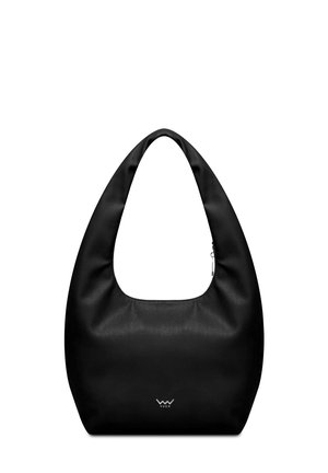 Black leather shoulder bag with a rounded, hobo shape. Features a wide, slouchy opening and a small silver logo on the front.