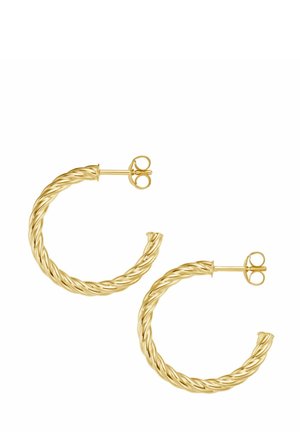 Goldene, verdrehte Creolen in kreisförmigem Design, mit einer strukturierten, geflochtenen Optik und klassischem Stecker-Verschluss.