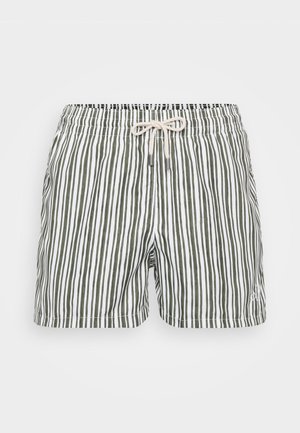 Striped swim shorts in green and white, featuring a drawstring waistband, a soft texture, and a comfortable cut.