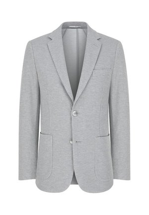 Jasnoszara jednorzędowa marynarka męska z klapami z wycięciem, dwoma przednimi naszywanymi kieszeniami, kieszenią na piersi i dwoma guzikami.